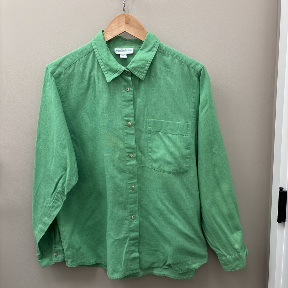 Mark Fore & Strike Green Linen Blend Shirt Women's 12 Button Front Vtg